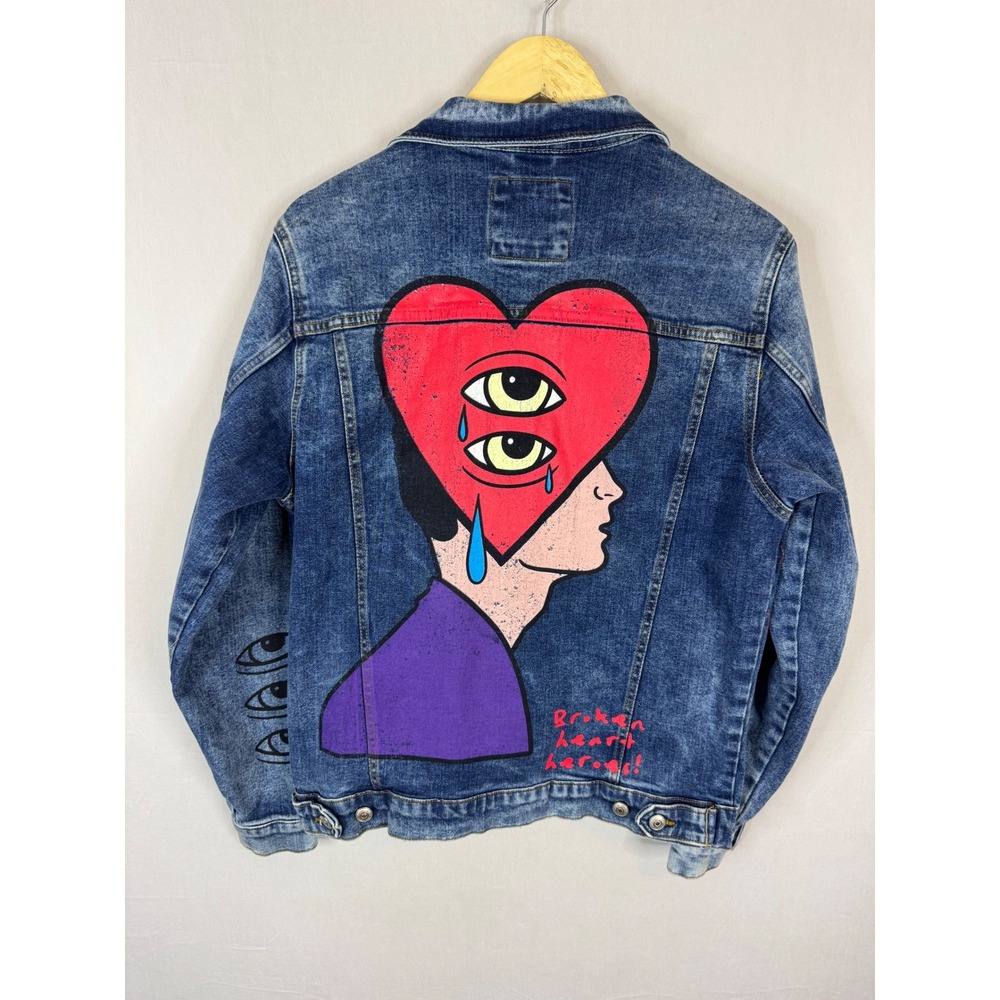 Zara Broken Heart Heroes Graphic Denim Jacket Blue Medium Wash Mens Size M